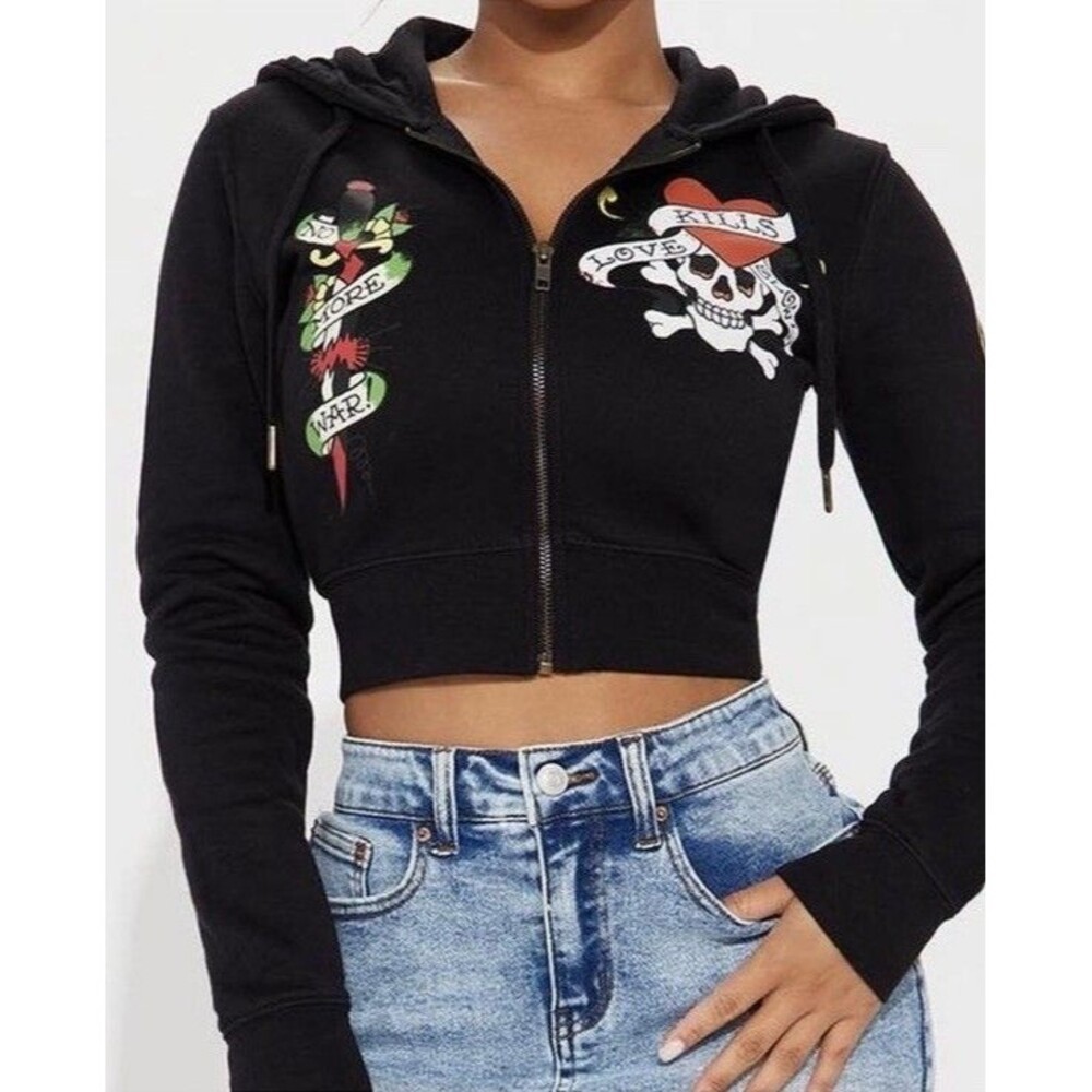 Ed Hardy Cropped Zip Hoodie Women Size Small Jacket Skull Love Kills Slowly